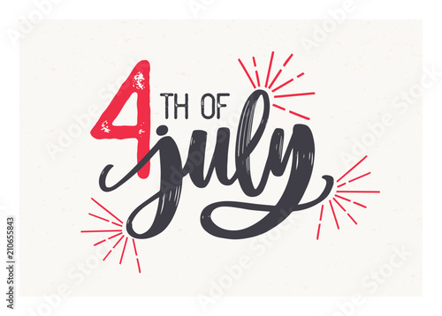 4th of July lettering written with elegant cursive font and decorated with fireworks
