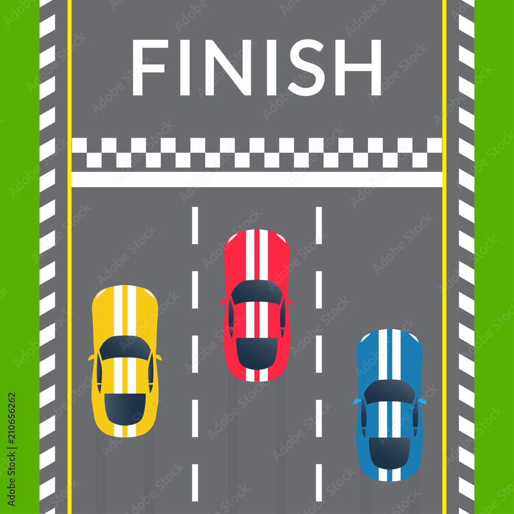 Racing cars crossing the finish line on the rally track. Top view. Car