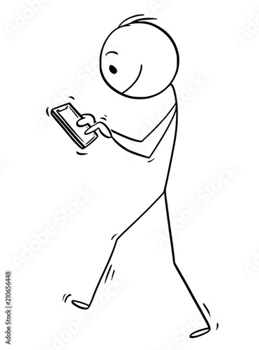 Cartoon stick drawing conceptual illustration of online man or businessman walking with mobile phone.