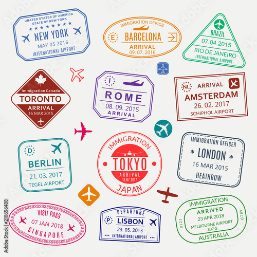 Passport stamp set. Different countries airport visa stamp. Custom control cachet. New York, Rome, Amsterdam, London, Barcelona, Tokyo, Singapore, Lisbon, Berlin immigration sign. Vector illustration.