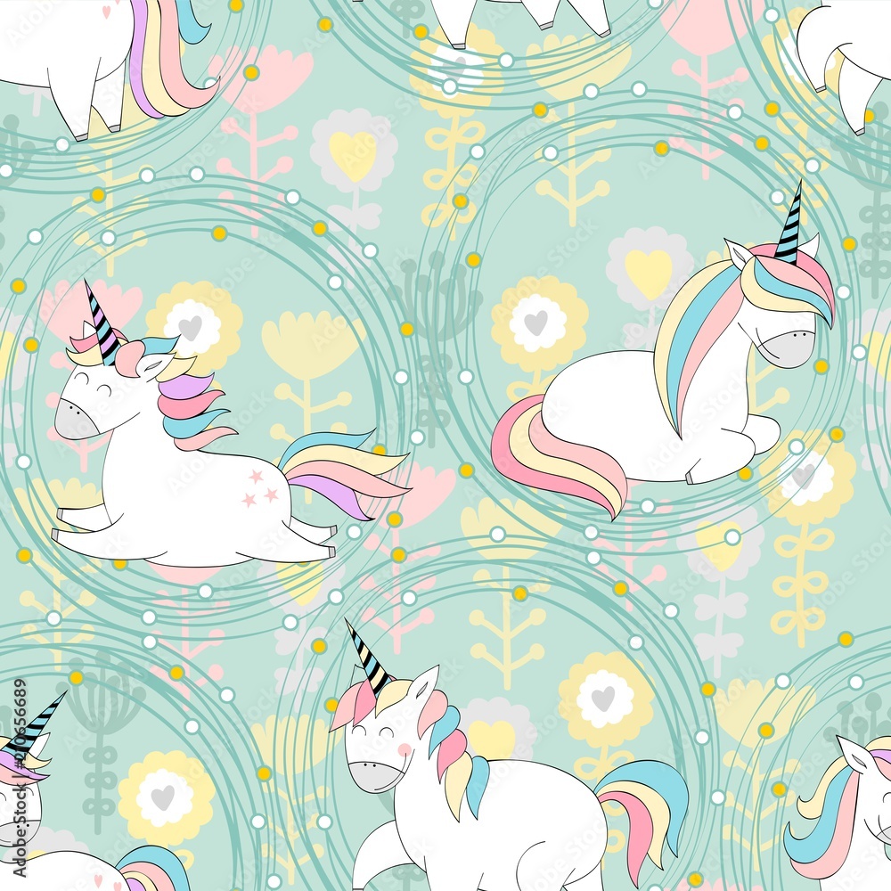 Vector seamless pattern with Magic cute unicorns. Vector seamless pattern with Magic cute unicorns.