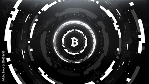 Bitcoin Cryptocurrency Futuristic Sci-Fi Technology Circular HUD Background Illustration. Worldwide Digital Money Blockchain System