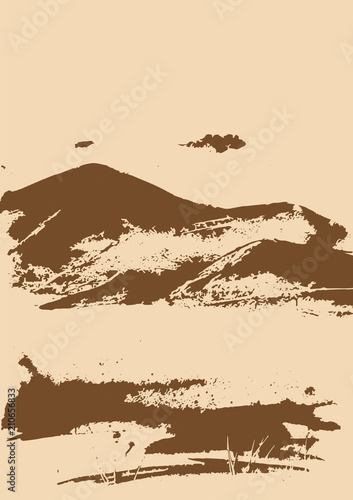 Brown mountain range with texture on beige. Landscape sketch. Hiking  travel and camping concept. For tourism organisations  outdoor events and mountains leisure. Engraving style. Vector illustration