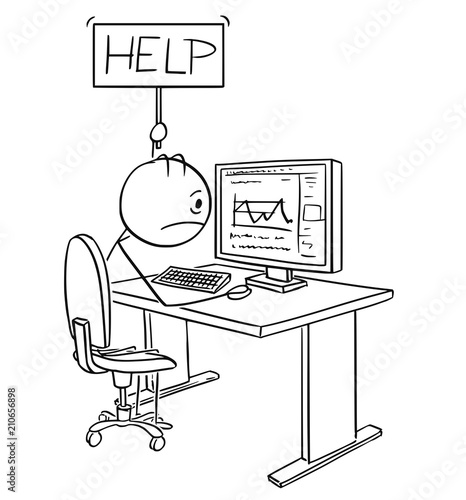 Cartoon stick drawing conceptual illustration of tired, stressed or unhappy man or businessman working on computer and holding help sign.