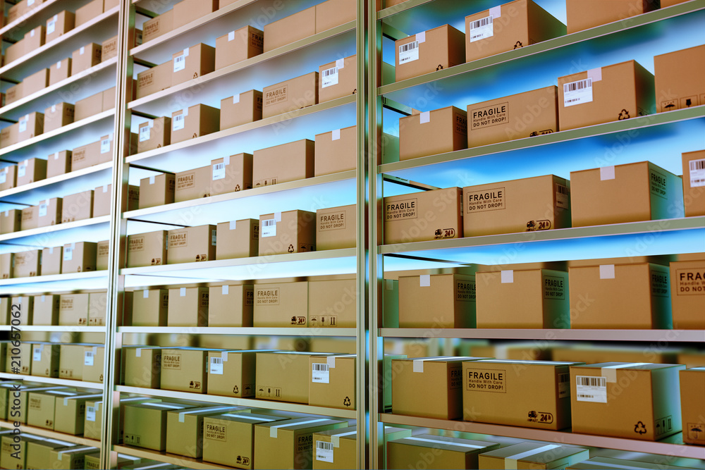 The express package is on the shelf.3d rendering warehouse. The express package is on the shelf.3d rendering warehouse.