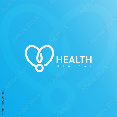 Doctor stethoscope logo. Health care, medical symbol. Abstract linear heart silhouette. Vector simple illustration on blue background. Medical insurance icon.
