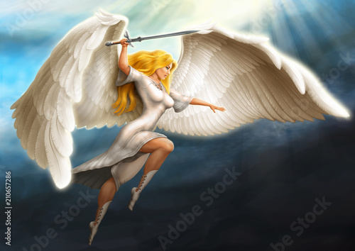 girl - an angel armed with a sword flies in the rays of the sun