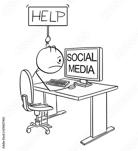 Cartoon stick drawing conceptual illustration of man or businessman addicted on social media or networking and holding help sign.