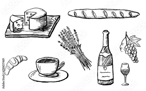 Part 2. Food design elements drawn with charcoal pencil. French culture. Set of detailed icons with cup, wine, cheese etc. Black and white doodle vector illustration isolated on white background