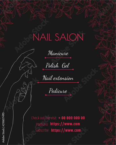 nail salon. Black luxury template of a poster, a flyer or a price tag. Manicure and pedicure design layout.