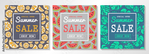 Collection of flyers for Summer Sales. Concept with watermelons, citrus fruits and tropical leaves. Vector.