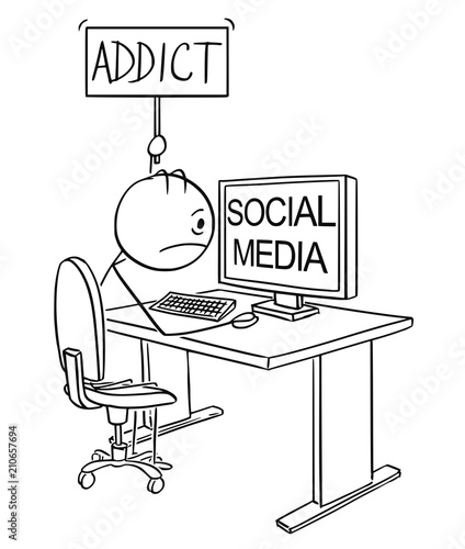 Cartoon stick drawing conceptual illustration of man or businessman addicted on social media or networking and holding addict sign.