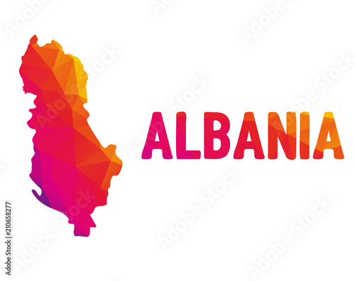 Low polygonal map of Republic of Albania (Republika e Shqipërisë) with sign Albania, both in warm colors of red, purple, orange and yellow; sovereign state in Southeastern Europe