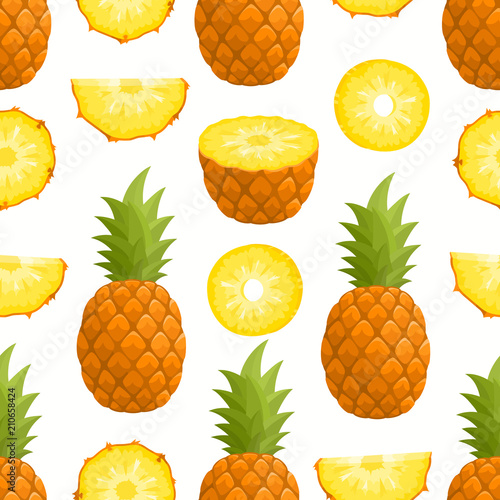 Vector pattern with cartoon pineapple isolated on white.