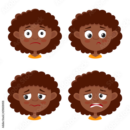 Set of african girl upset face expression isolated on white