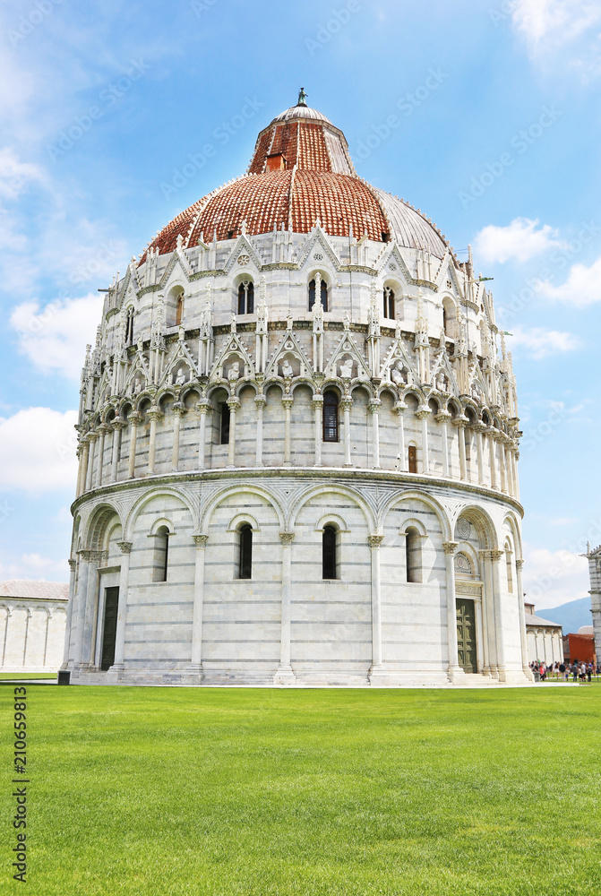 the Pisa Baptistery of St. John in Piazza dei Miracoli (Square of Miracles) or Piazza del Duomo (Cathedral Square) in Pisa Tuscany Italy