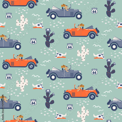 Vector seamless pattern with dogs on cars in desert. © Tapkimonkey