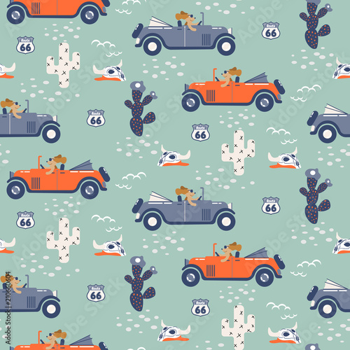 Vector seamless pattern with dogs on cars in desert.