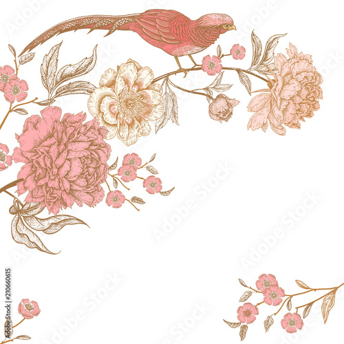 Vintage greeting card with birds and flowers.