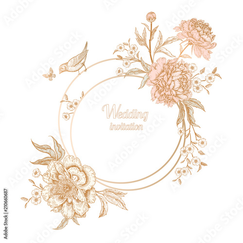 Vintage greeting card with birds and flowers.