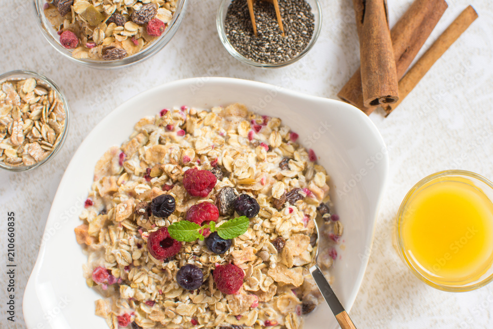 Muesli With Milk, Chia Seeds, Berries and Cinnamon as Healthy Breakfast Muesli With Milk, Chia Seeds, Berries and Cinnamon as Healthy Breakfast
