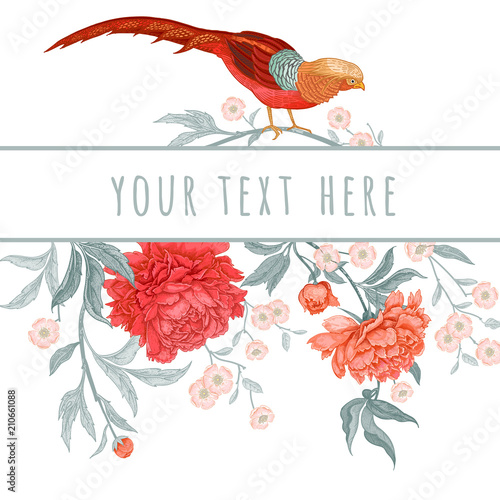 Vintage greeting card with birds and flowers.