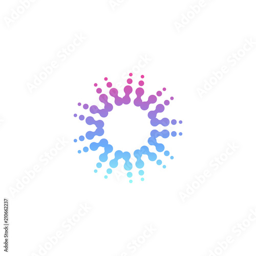 Circle modern vector logo template. Halftone dotted icon. Sun rays sign. New technology abstract smart button. AI equipment logotype.