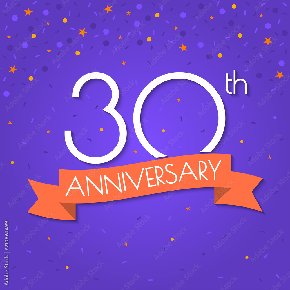 30 years anniversary logo isolated on confetti background. 30th anniversary banner with ribbon. Birthday, celebration, party, invitation card design element. Vector illustration. 30 years anniversary logo isolated on confetti background. 30th anniversary banner with ribbon. Birthday, celebration, party, invitation card design element. Vector illustration.