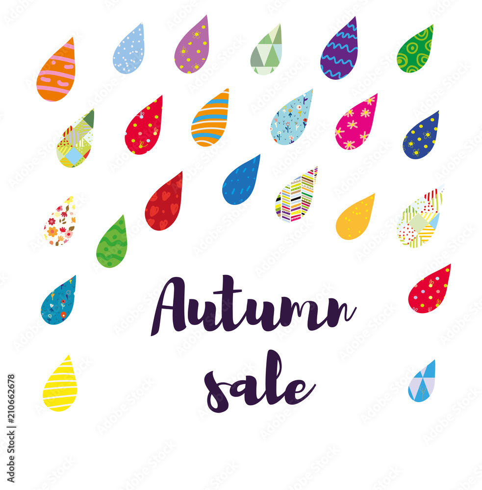Autumn sale card with color rain, funny design illustration, vector graphic