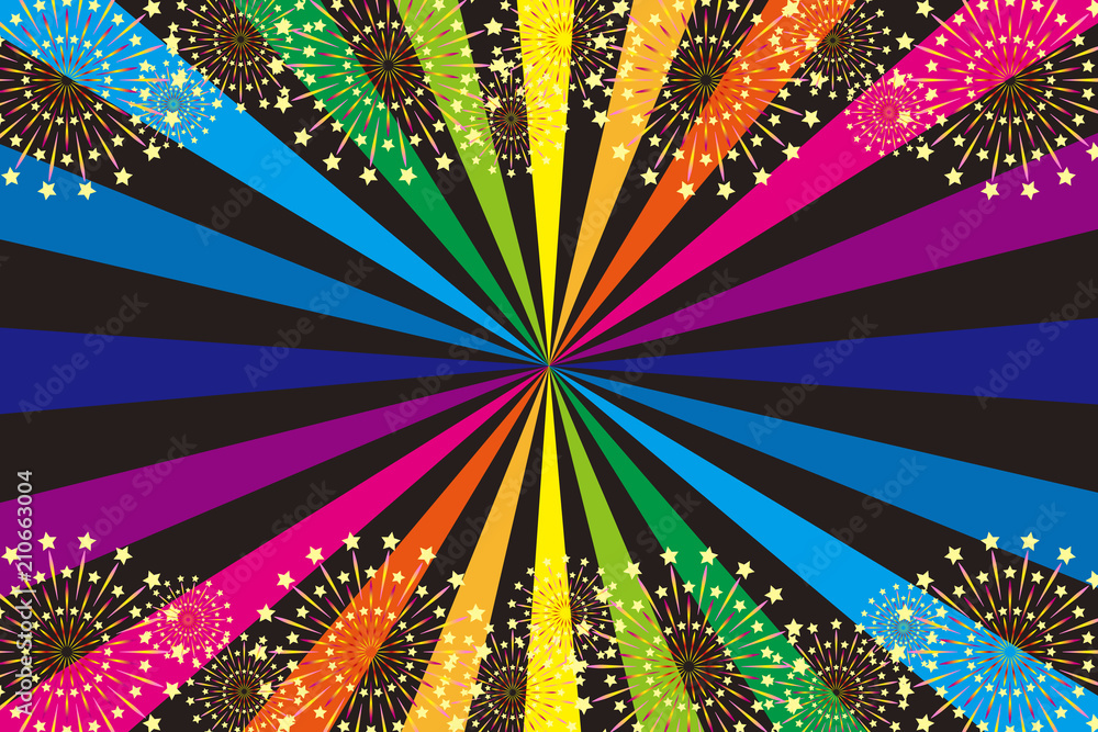Background Wallpaper Vector Illustration Design Art Free Freesize Charge Free Effect Line Concentration Line Manga Comic Speed Line 和風背景 素材壁紙 打ち上げ花火 スターマイン 夏祭り 花火大会 伝統行事 虹色 集中線 風物詩 夜景 Stock Vector Adobe