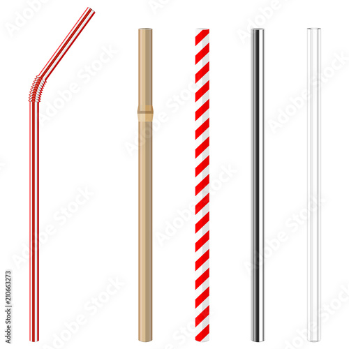 modern reusable glass, steel, paper and bamboo drinking straws as alternative replacement for classic disposable plastic drinking straw, isolated objects on white background, stock vector illustration photo