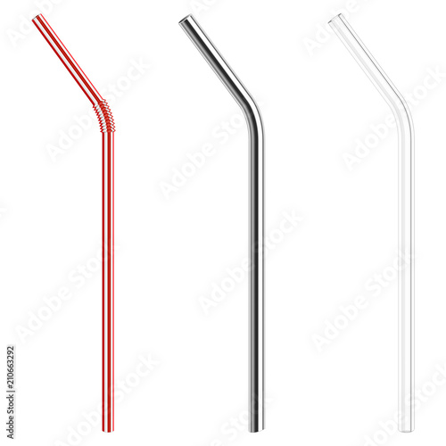modern reusable glass and steel drinking straws as alternative replacement for classic disposable plastic drinking straw, isolated objects on white background, stock vector illustration
