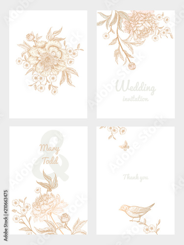 Vintage greeting card with birds and flowers set.