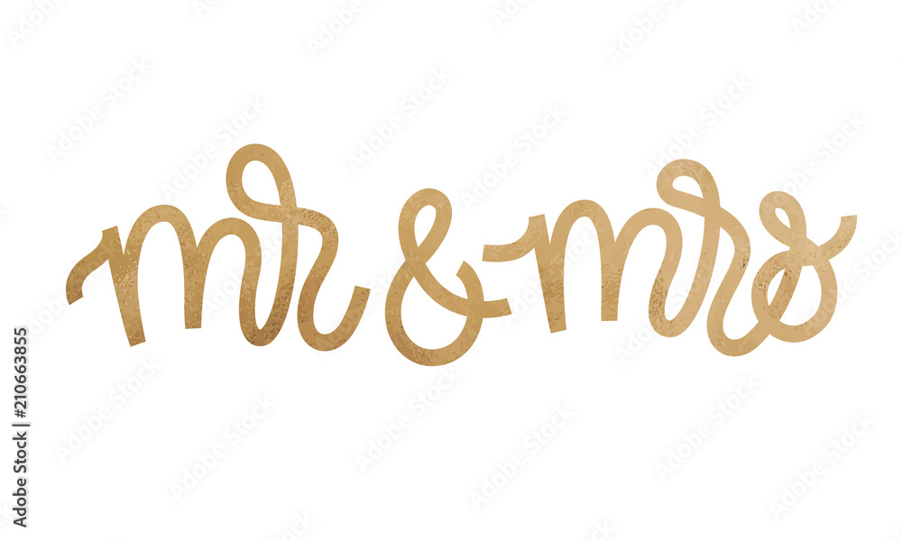 Mr and Mrs text on white background. Hand drawn Calligraphy lettering Vector illustration with golden glitter effect. Mr and Mrs text on white background. Hand drawn Calligraphy lettering Vector illustration with golden glitter effect.
