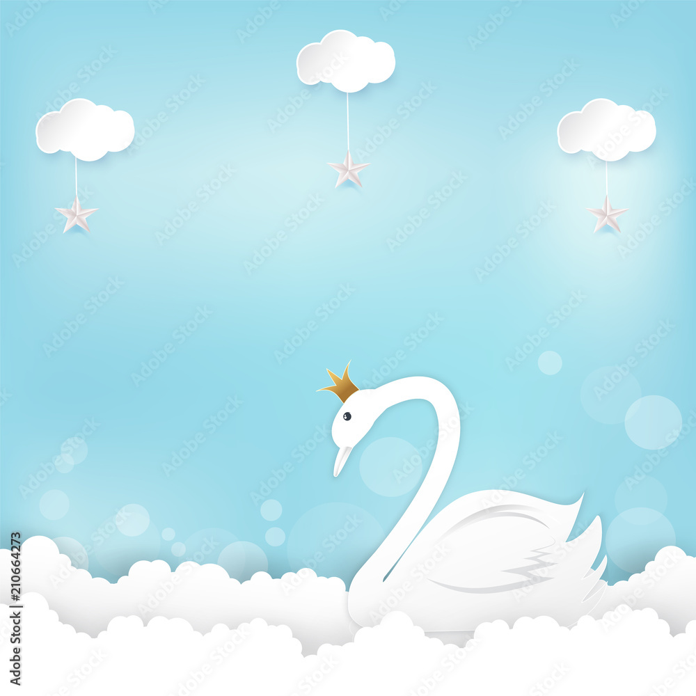 Fototapeta premium Princess Swan and cloud Happy Birthday, Shower card paper art, paper craft style illustration blue background