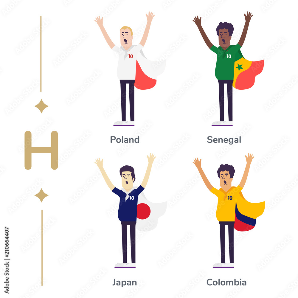 World competition. Soccer fans support national teams. Football fan with flag. Poland, Senegal, Japan, Columbia. Sport celebration. Modern flat illustration. World competition. Soccer fans support national teams. Football fan with flag. Poland, Senegal, Japan, Columbia. Sport celebration. Modern flat illustration.