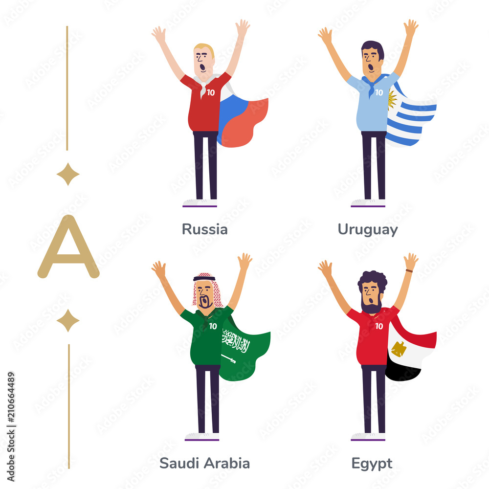 World competition. Soccer fans support national teams. Football fan with flag. Russia, Uruguay, Saudi Arabia, Egypt. Sport celebration. Modern flat illustration. World competition. Soccer fans support national teams. Football fan with flag. Russia, Uruguay, Saudi Arabia, Egypt. Sport celebration. Modern flat illustration.