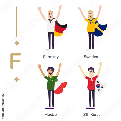 World competition. Soccer fans support national teams. Football fan with flag. Germany, Sweden, Mexico, South Korea. Sport celebration. Modern flat illustration.