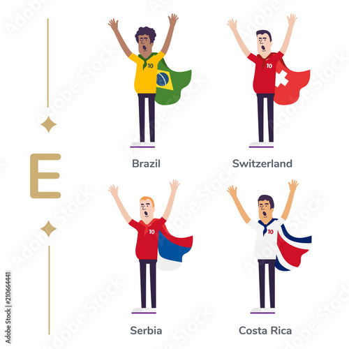 World competition. Soccer fans support national teams. Football fan with flag. Brazil, Switzerland, Serbia, Costa Rica. Sport celebration. Modern flat illustration.