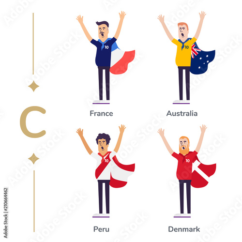 World competition. Soccer fans support national teams. Football fan with flag. France, Australia, Peru, Denmark. Sport celebration. Modern flat illustration.