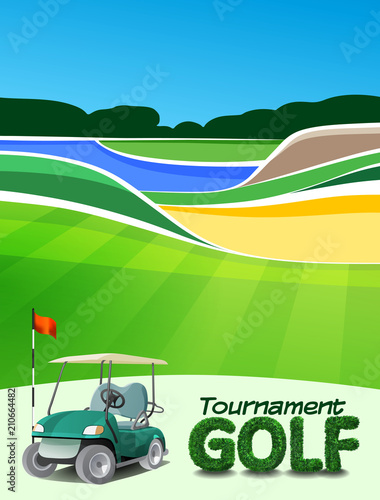 Golf tournament ticket or flyer brochure template. Golf course background mock-up vector illustration
