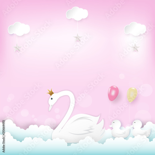 Family' s Princess Swan with balloons floating and cloud Happy Birthday, Shower card paper art style illustration pink background