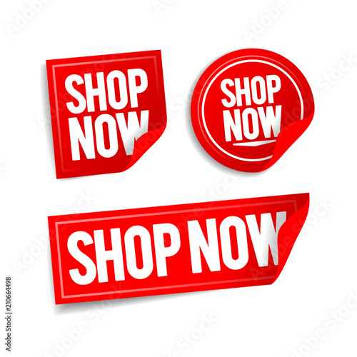 vector illustration shop now buttons, online store stickers set
