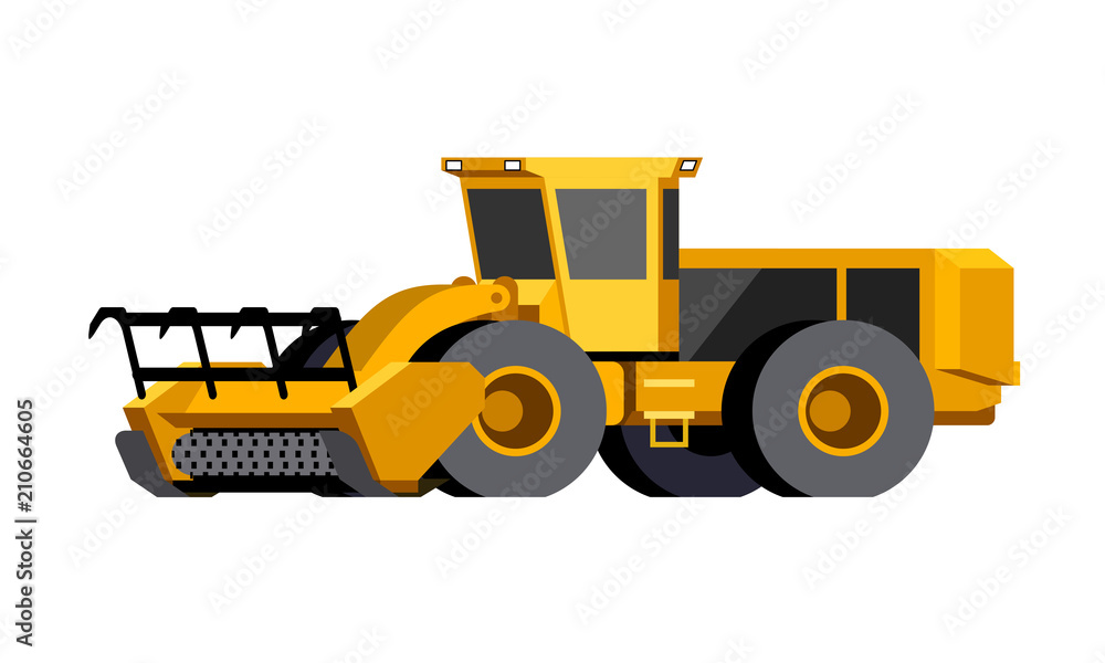 Minimalistic icon mulcher. Wheeled stump mulcher vehicle for working at forest area. Modern vector isolated illustration.