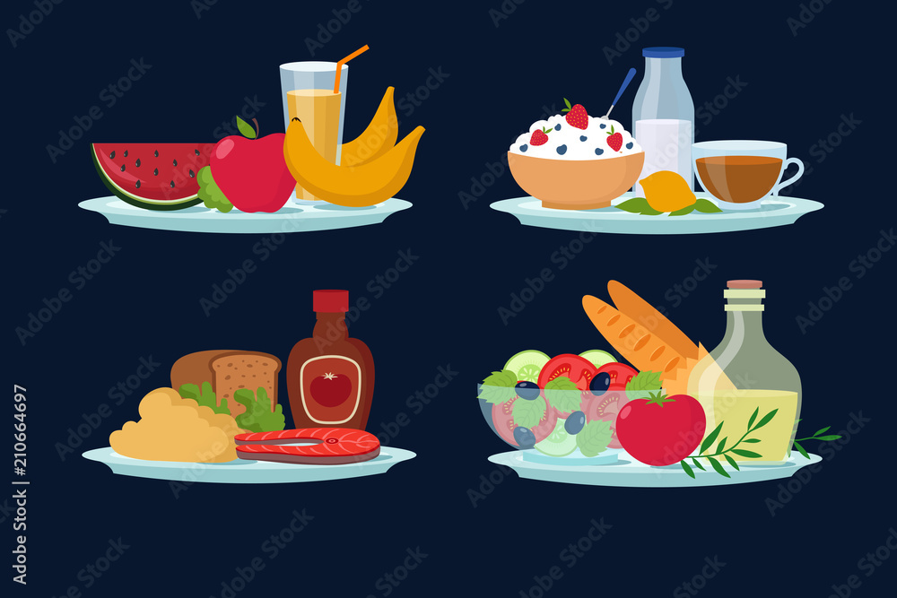 Daily diet meals, healthy food for breakfast, lunch, dinner cartoon vector  icons Stock Vector | Adobe Stock