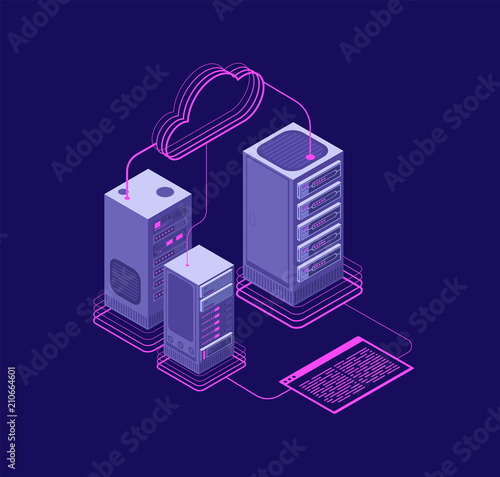 Network hosting solutions, datacenter with services, website administrative support vector isometric concept