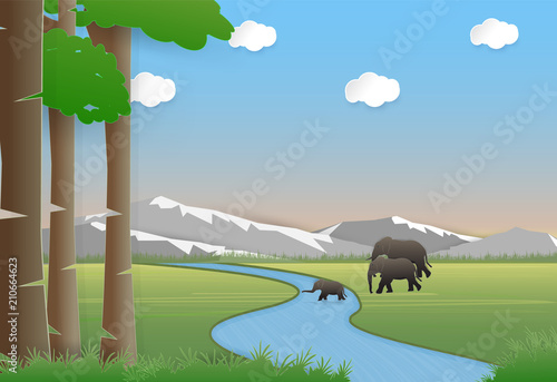 Elephants family in meadow. Nature landscape background  paper art style illustration.