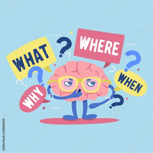Funny human brain with glasses surrounded by questions and interrogation poin...