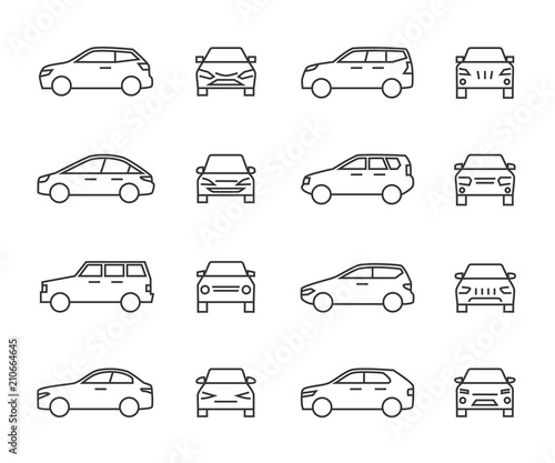 Cars front and side view line signs, auto symbols. Vehicle outline vector icons isolated on white background