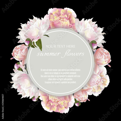 Template for greeting cards, wedding decorations, sales. Round Vector banner with peonies flowers. Spring or summer design.